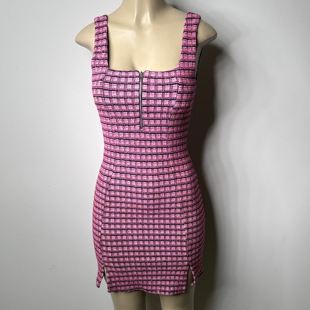 Topshop Pink Check Tweed Mini Dress with Front Zip
